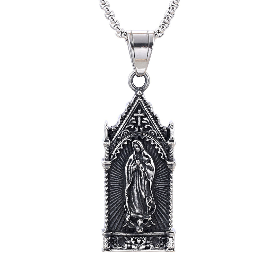 Antique Silver Virgin Mary Necklace in Gothic Cathedral Frame