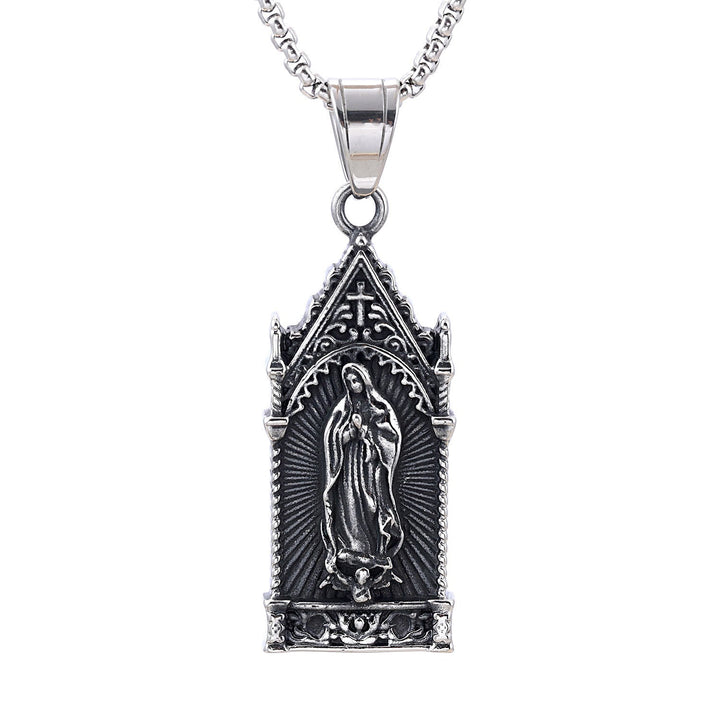 Antique Silver Virgin Mary Necklace in Gothic Cathedral Frame