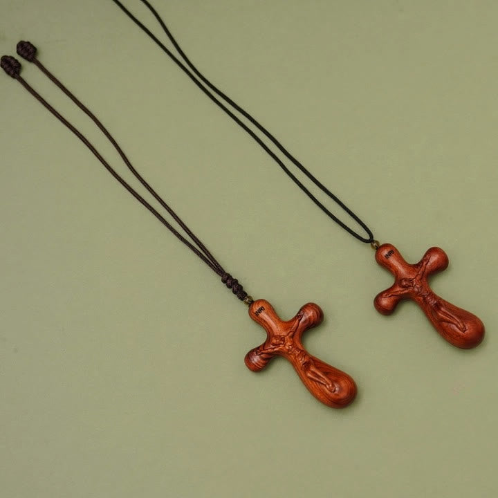 Vintage Sandalwood INRI Crucifix Car Pendant & Necklace: Devotion on the Road