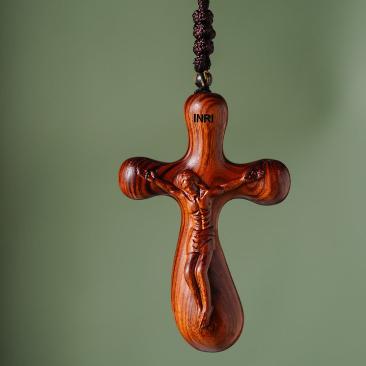 Vintage Sandalwood INRI Crucifix Car Pendant & Necklace: Devotion on the Road