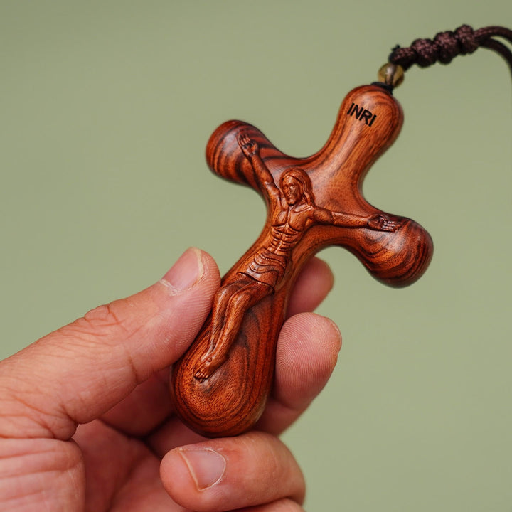 Vintage Sandalwood INRI Crucifix Car Pendant & Necklace: Devotion on the Road