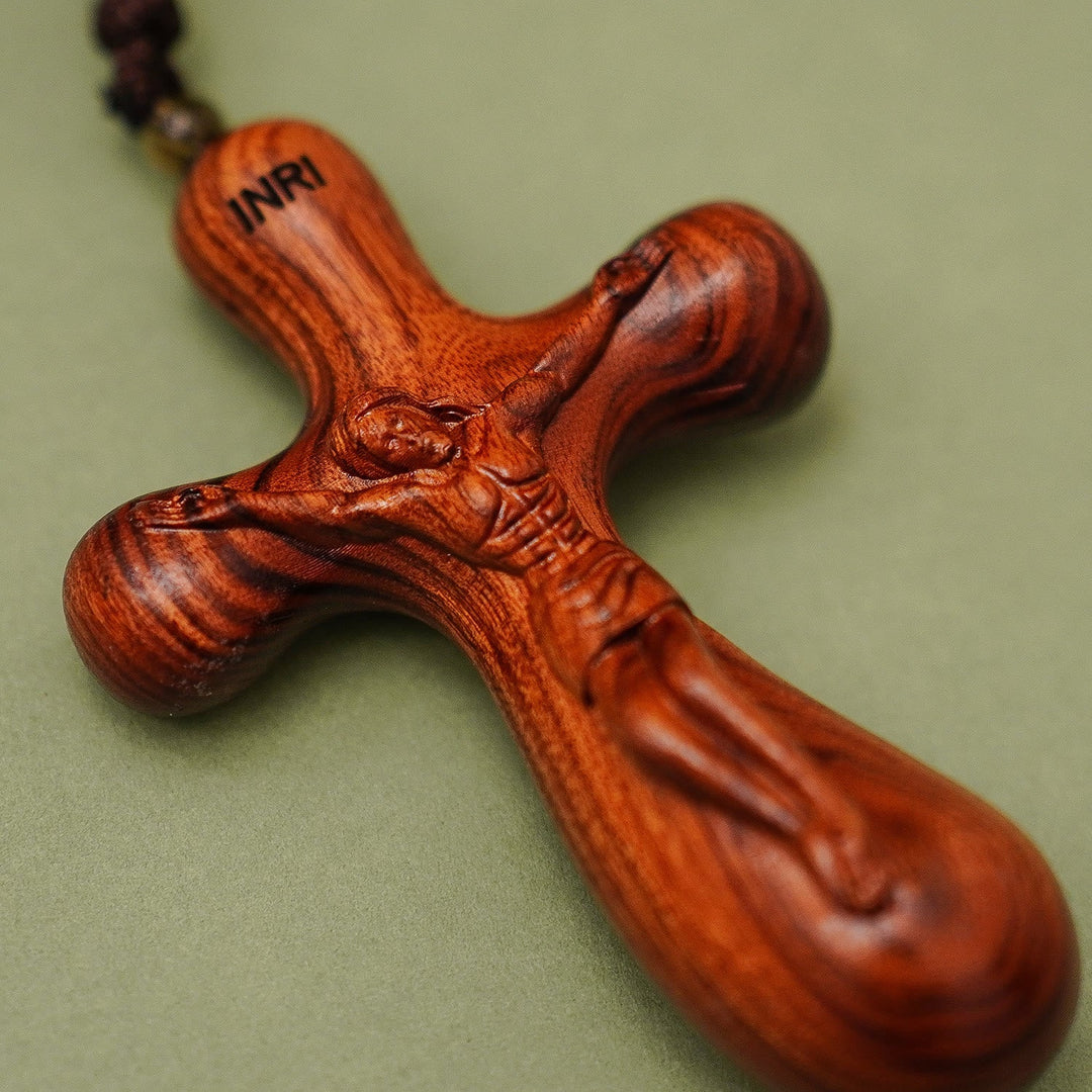 Vintage Sandalwood INRI Crucifix Car Pendant & Necklace: Devotion on the Road