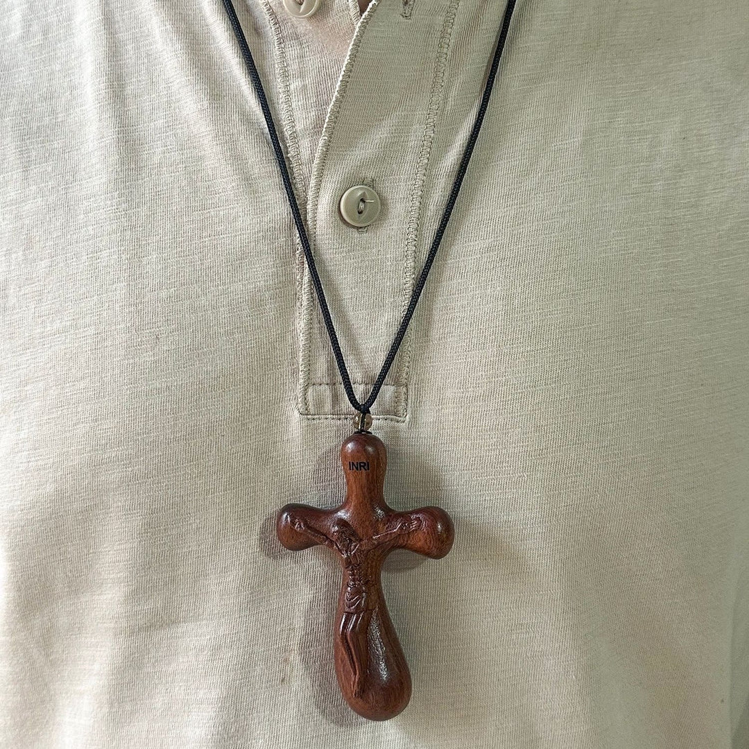 Vintage Sandalwood INRI Crucifix Car Pendant & Necklace: Devotion on the Road