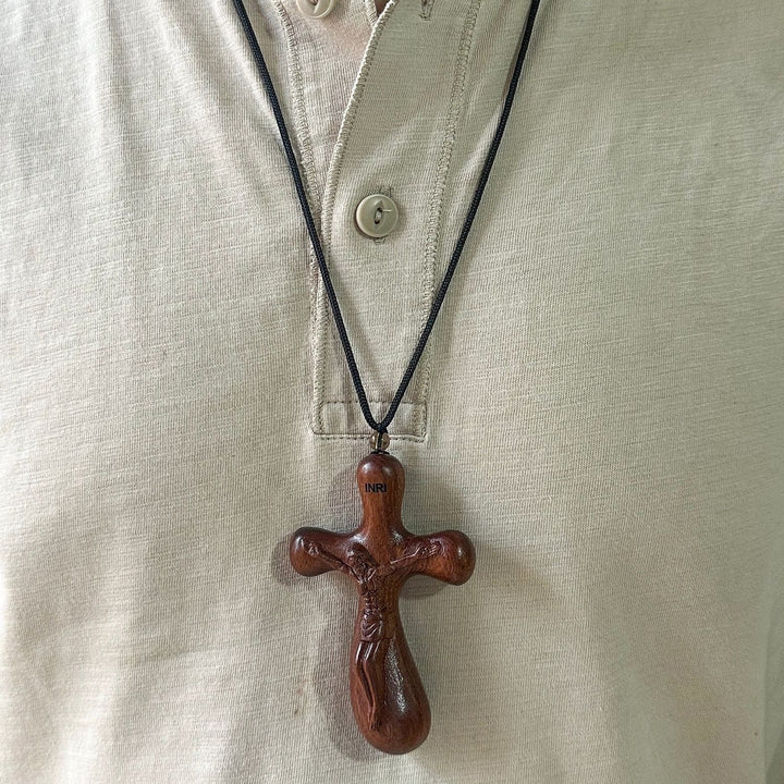 Vintage Sandalwood INRI Crucifix Car Pendant & Necklace: Devotion on the Road