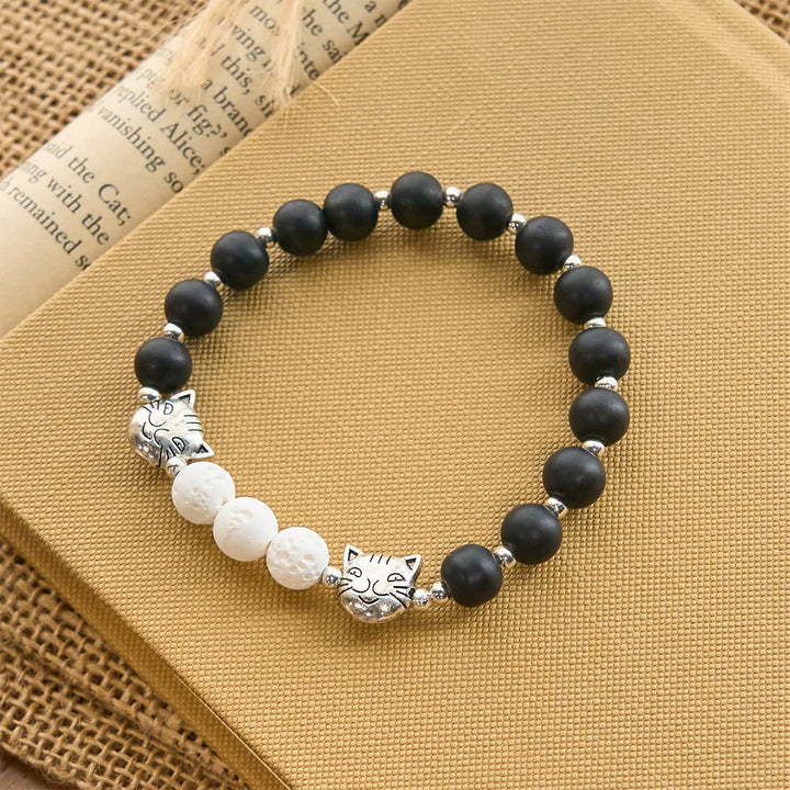 Matte Black and White Lava Stone with Cow Cat Blessing Animal Bracelet
