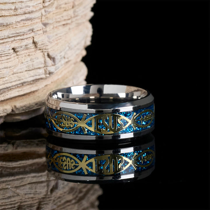Rustic Stainless Steel Ring: "Jesus" in Fish
