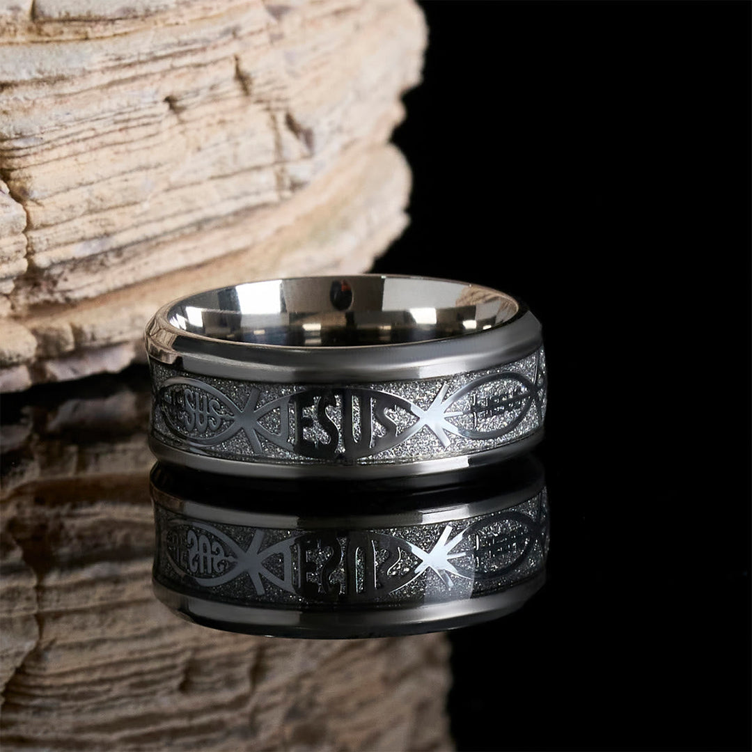 Rustic Stainless Steel Ring: "Jesus" in Fish