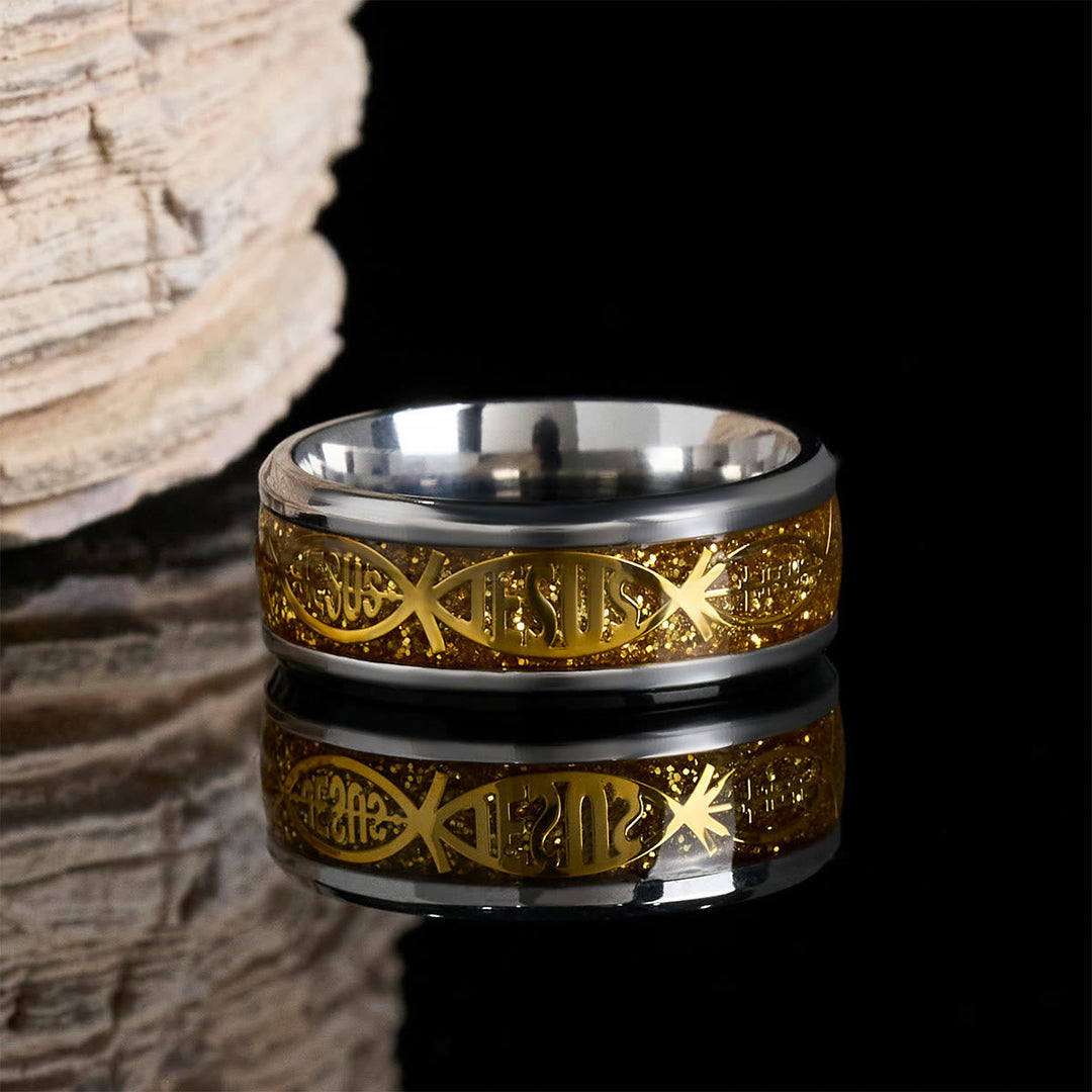 Rustic Stainless Steel Ring: "Jesus" in Fish