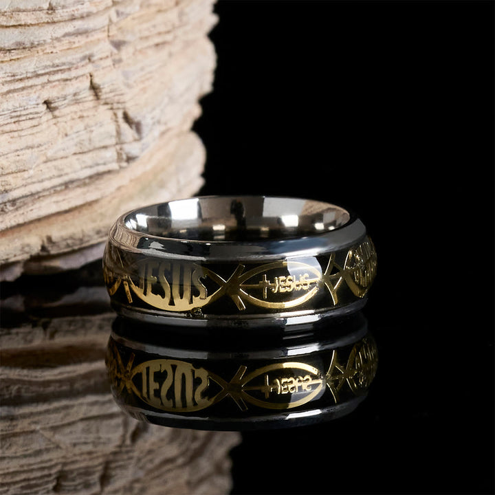 Rustic Stainless Steel Ring: "Jesus" in Fish
