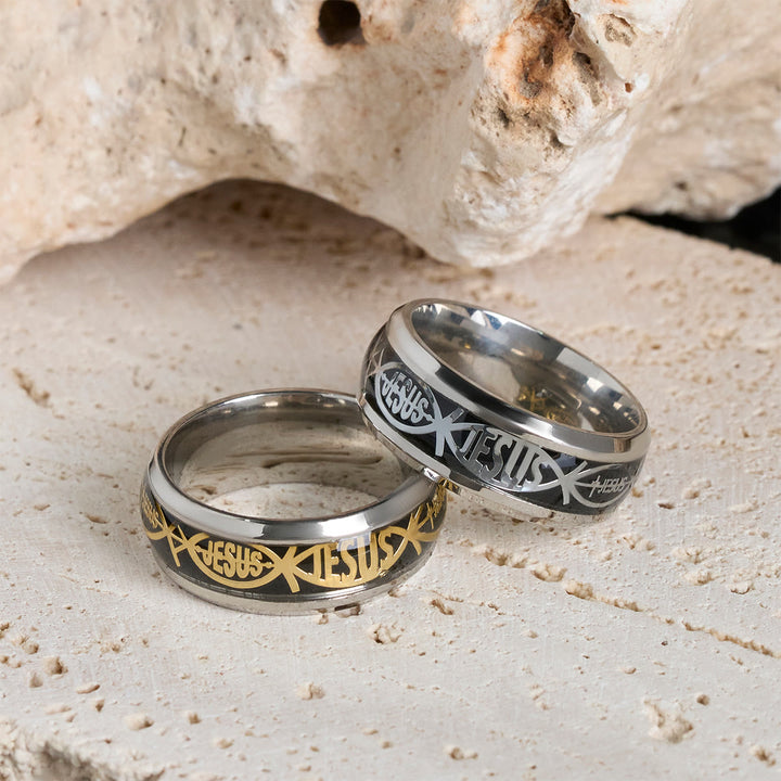 Rustic Stainless Steel Ring: "Jesus" in Fish