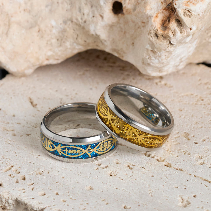 Rustic Stainless Steel Ring: "Jesus" in Fish