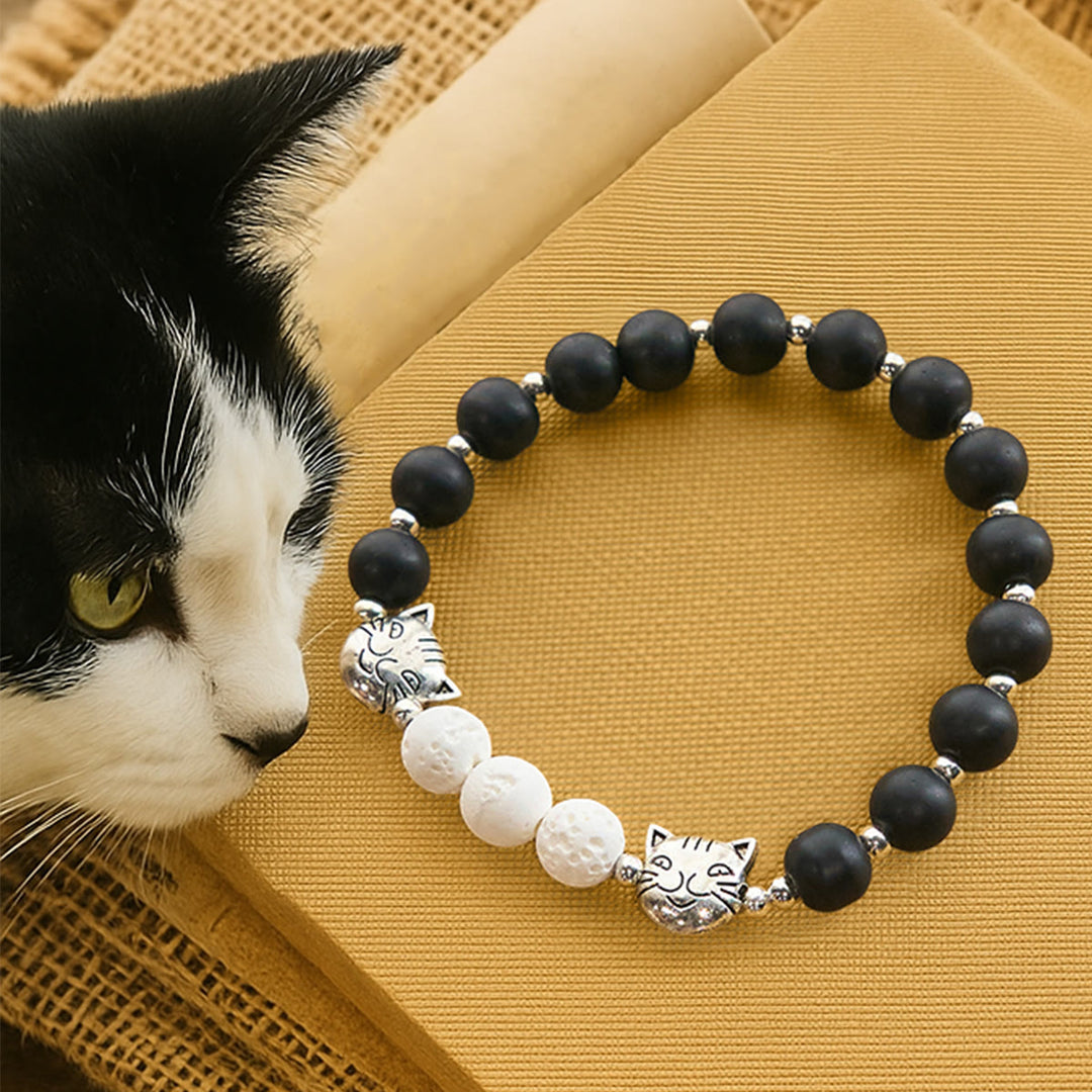 Matte Black and White Lava Stone with Cow Cat Blessing Animal Bracelet