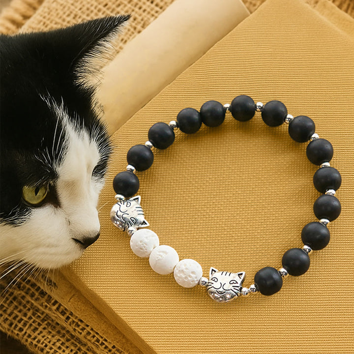 Matte Black and White Lava Stone with Cow Cat Blessing Animal Bracelet