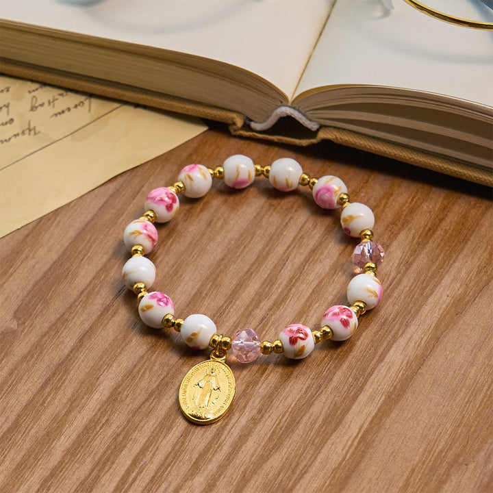 Elegant 8mm Flower Pattern Pink Ceramic Bracelet with Miraculous Medal