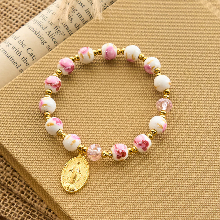 Elegant 8mm Flower Pattern Pink Ceramic Bracelet with Miraculous Medal