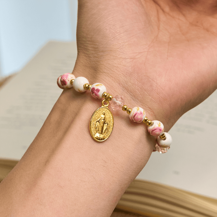Elegant 8mm Flower Pattern Pink Ceramic Bracelet with Miraculous Medal