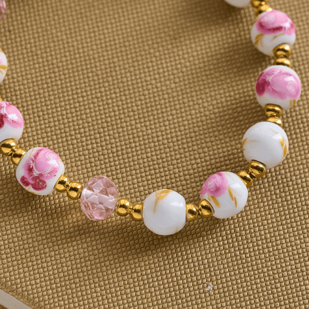 Elegant 8mm Flower Pattern Pink Ceramic Bracelet with Miraculous Medal