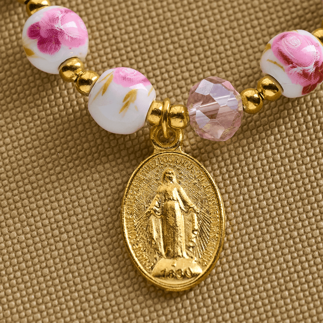 Elegant 8mm Flower Pattern Pink Ceramic Bracelet with Miraculous Medal