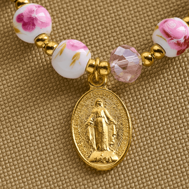 Elegant 8mm Flower Pattern Pink Ceramic Bracelet with Miraculous Medal