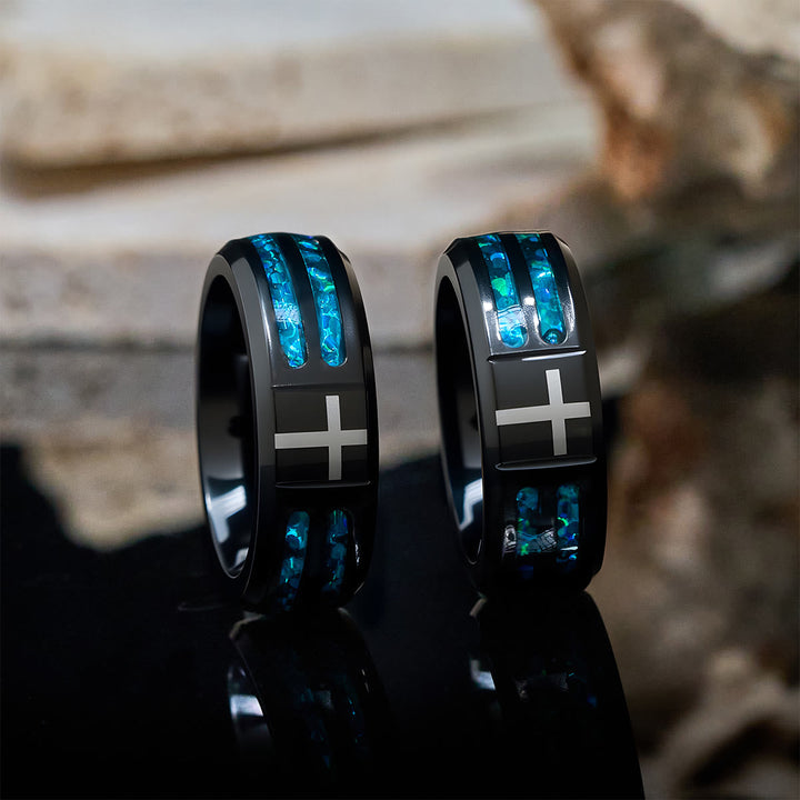 Modern Titanium Steel Cross Ring with Laser Blue Inlay: Serenity in Christ's Blue Light