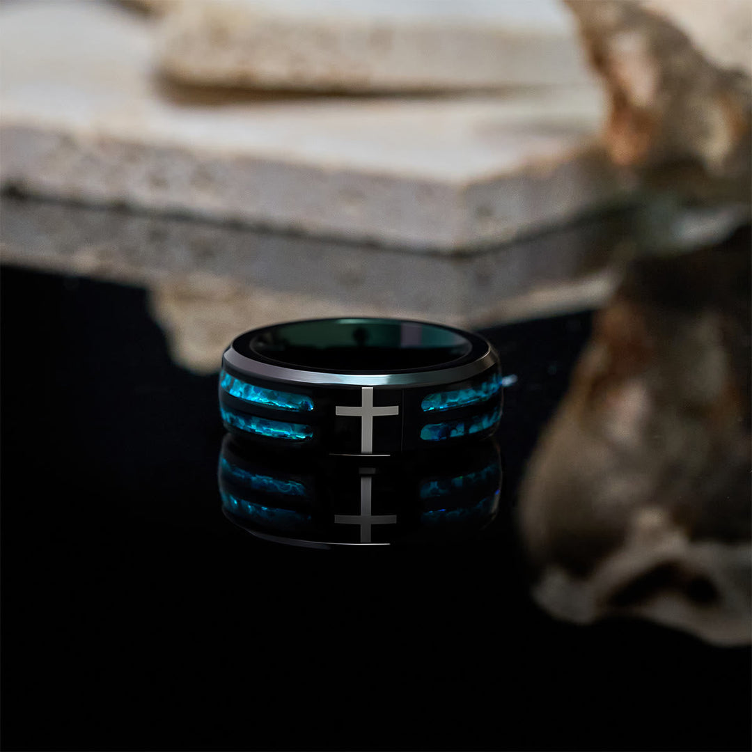 Modern Titanium Steel Cross Ring with Laser Blue Inlay: Serenity in Christ's Blue Light