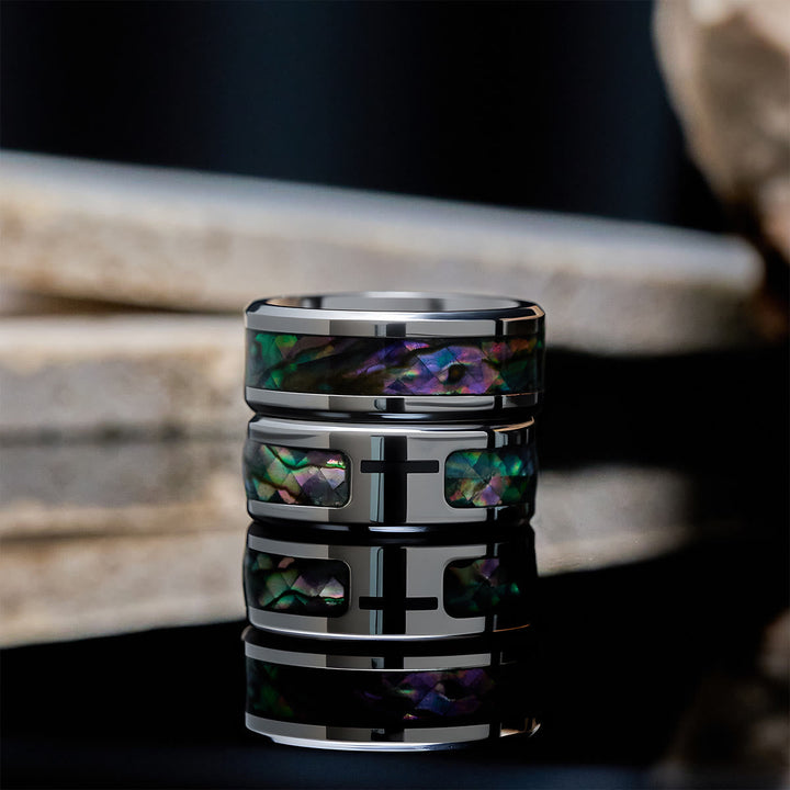 Minimalist Titanium Faith Cross Ring with Shimmering Stained Glass Colors Inlay
