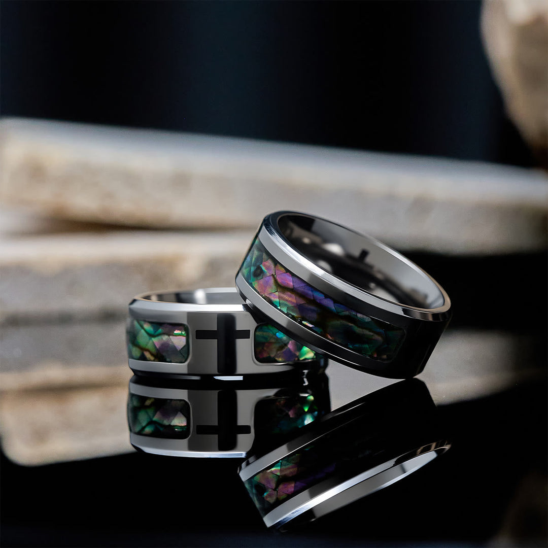Minimalist Titanium Faith Cross Ring with Shimmering Stained Glass Colors Inlay