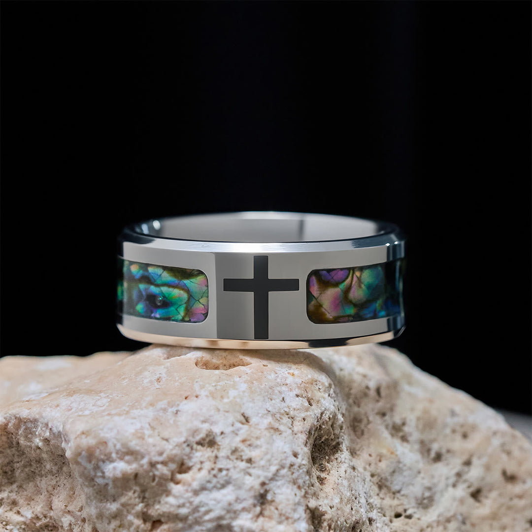 Minimalist Titanium Faith Cross Ring with Shimmering Stained Glass Colors Inlay