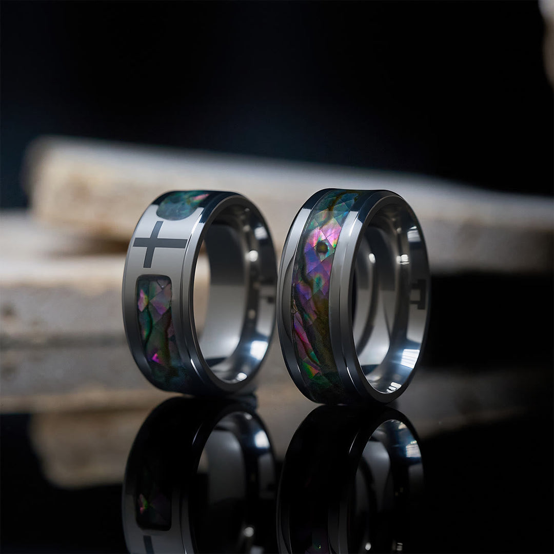 Minimalist Titanium Faith Cross Ring with Shimmering Stained Glass Colors Inlay