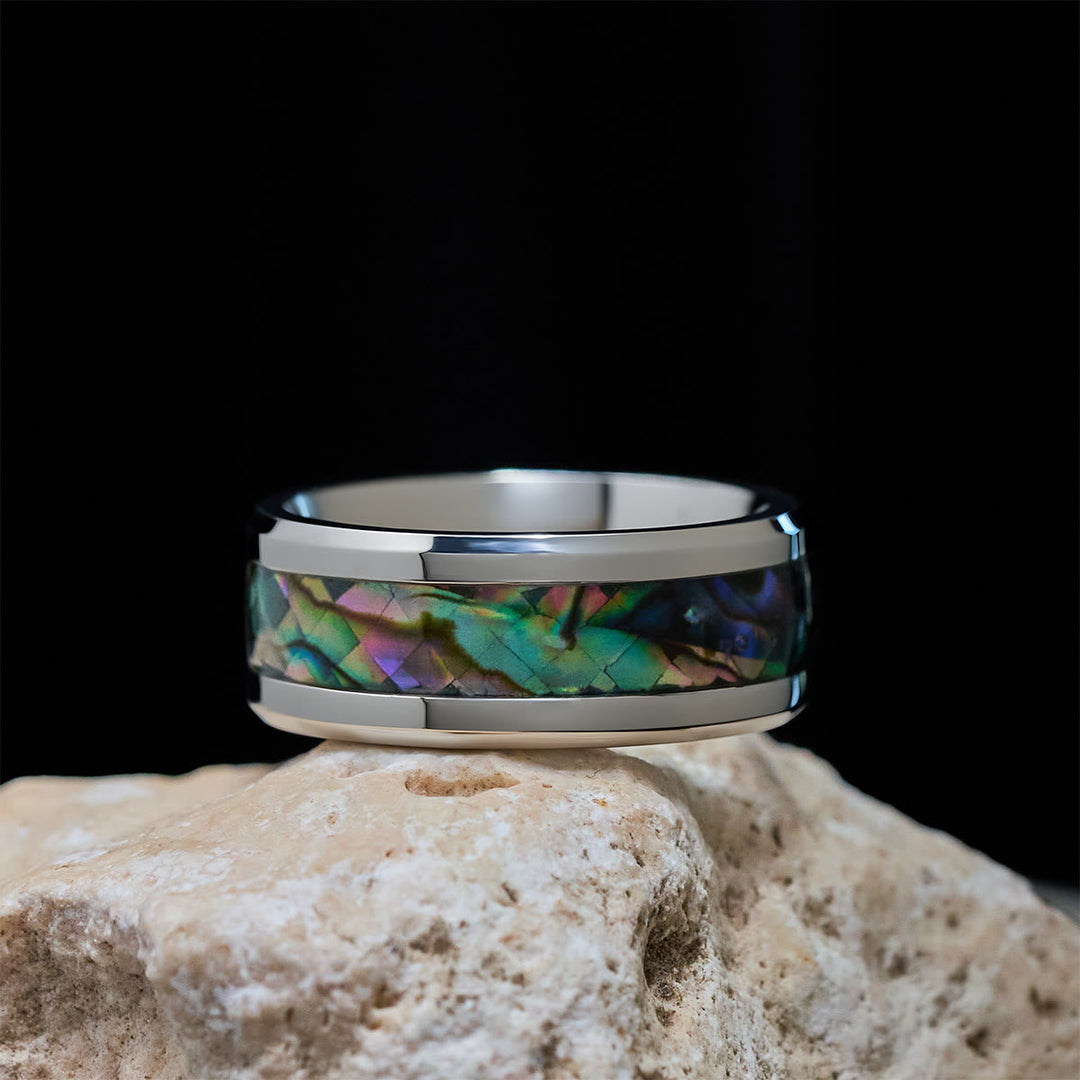 Minimalist Titanium Faith Cross Ring with Shimmering Stained Glass Colors Inlay