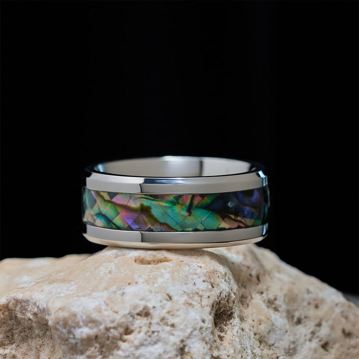 Minimalist Titanium Faith Cross Ring with Shimmering Stained Glass Colors Inlay