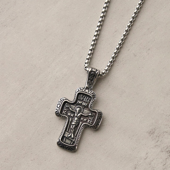Antique-Style Orthodox Cross Pendant Necklace with Double-Sided Reliefs