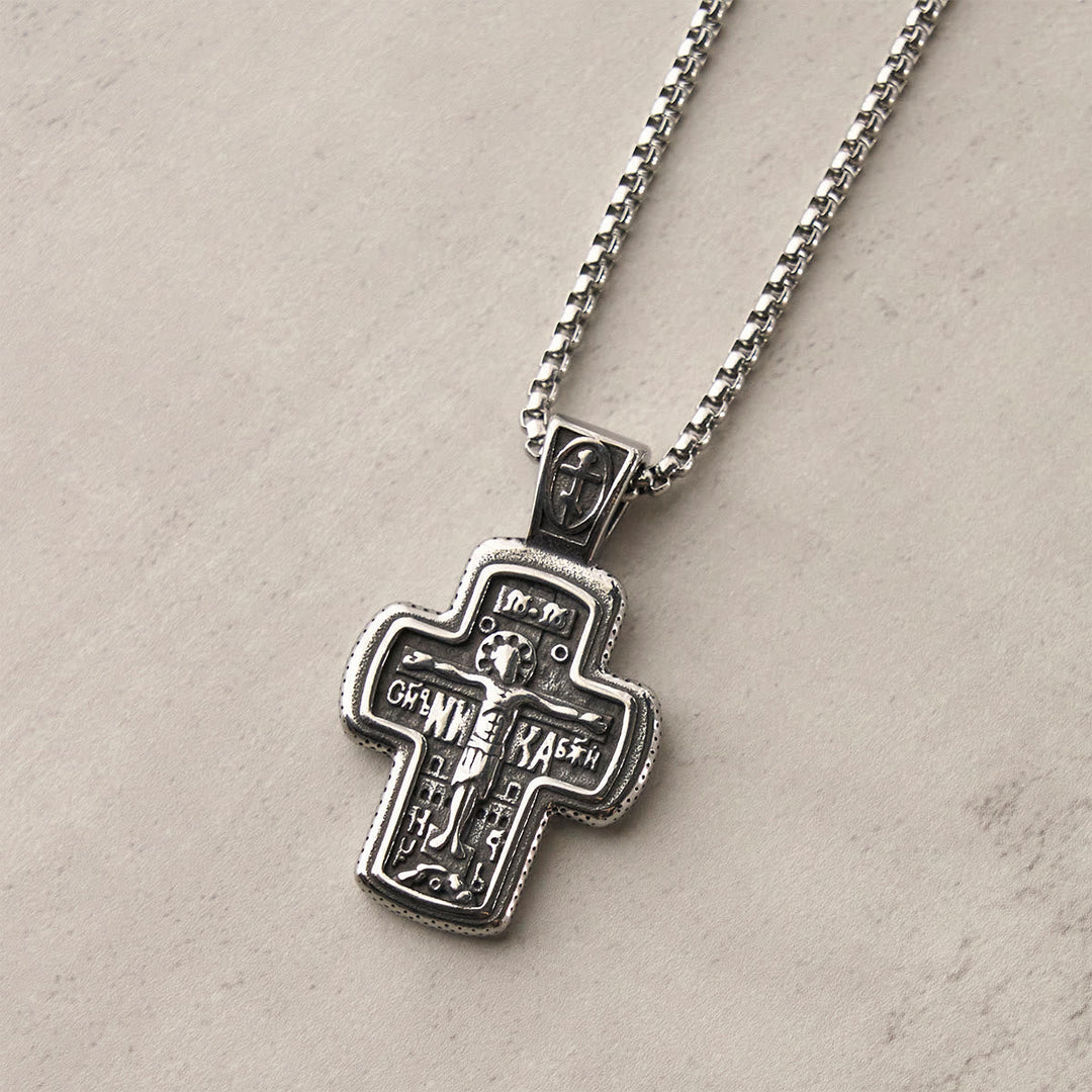 Antique-Style Orthodox Cross Pendant Necklace with Double-Sided Reliefs