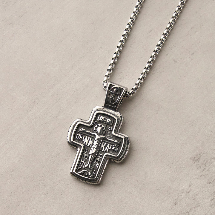 Antique-Style Orthodox Cross Pendant Necklace with Double-Sided Reliefs