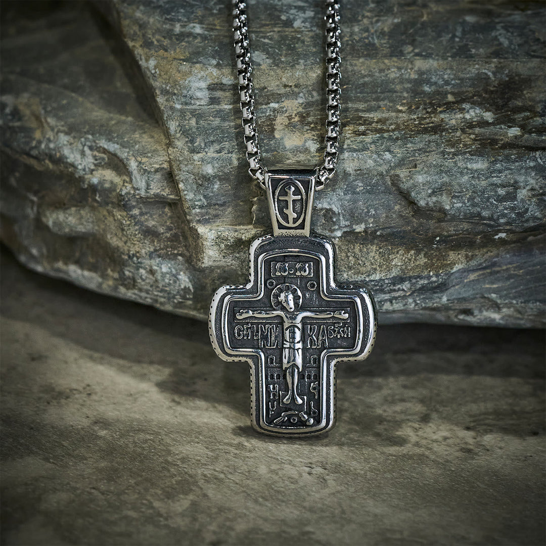 Antique-Style Orthodox Cross Pendant Necklace with Double-Sided Reliefs