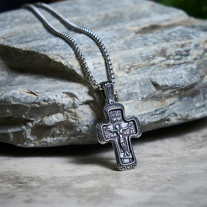 Antique-Style Orthodox Cross Pendant Necklace with Double-Sided Reliefs