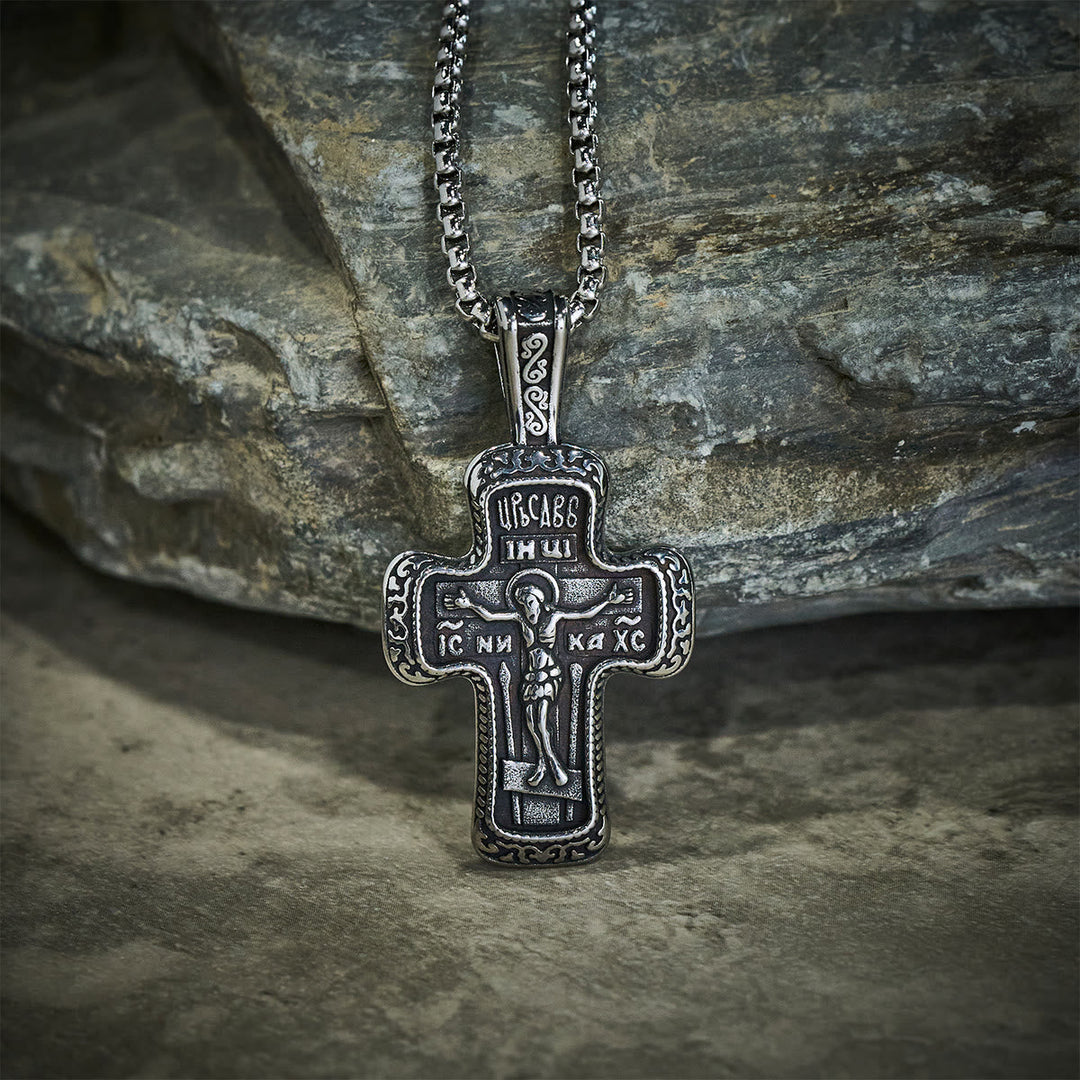 Antique-Style Orthodox Cross Pendant Necklace with Double-Sided Reliefs