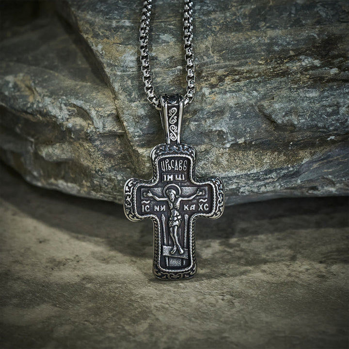 Antique-Style Orthodox Cross Pendant Necklace with Double-Sided Reliefs