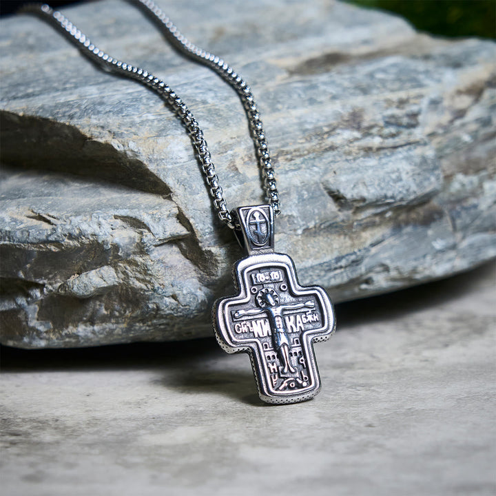 Antique-Style Orthodox Cross Pendant Necklace with Double-Sided Reliefs