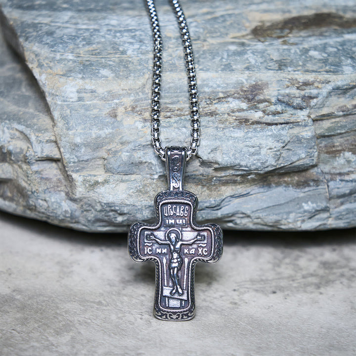 Antique-Style Orthodox Cross Pendant Necklace with Double-Sided Reliefs