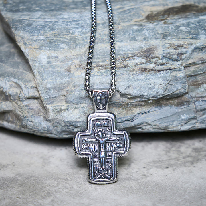 Antique-Style Orthodox Cross Pendant Necklace with Double-Sided Reliefs