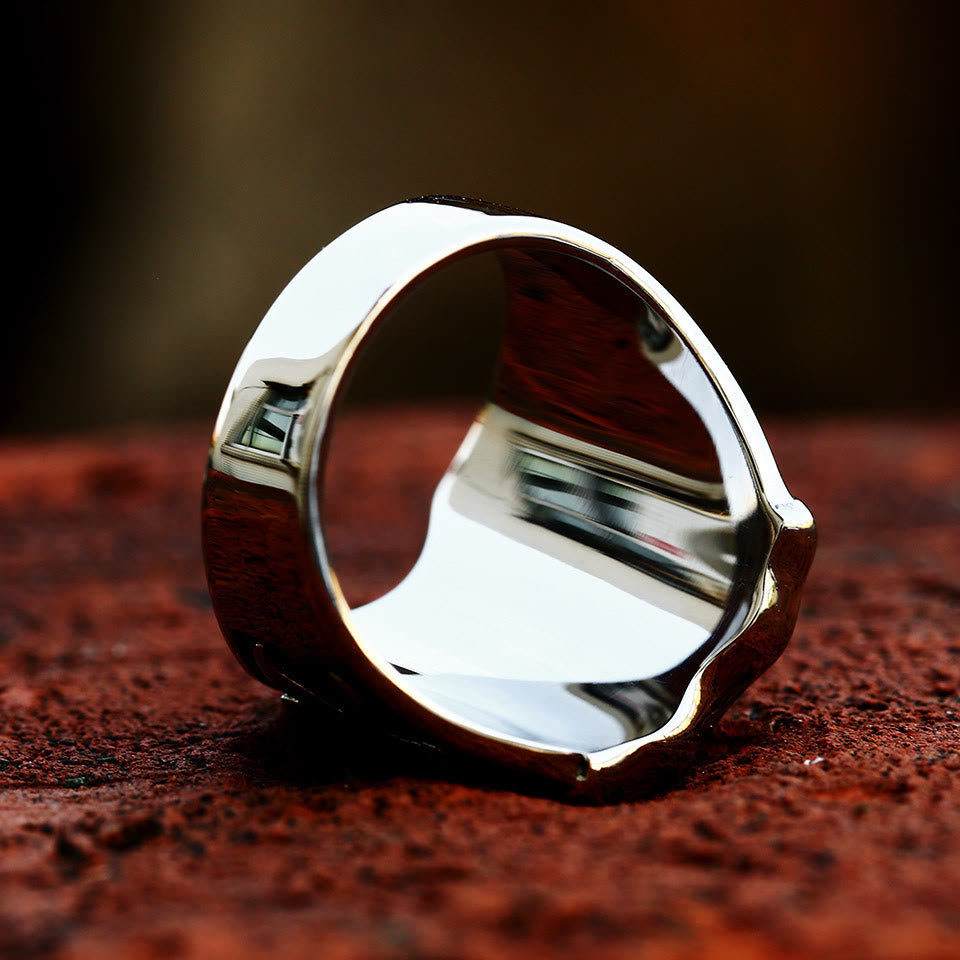 Medieval Style Red Cross Shield Ring with Knightly Design and Engraved Details