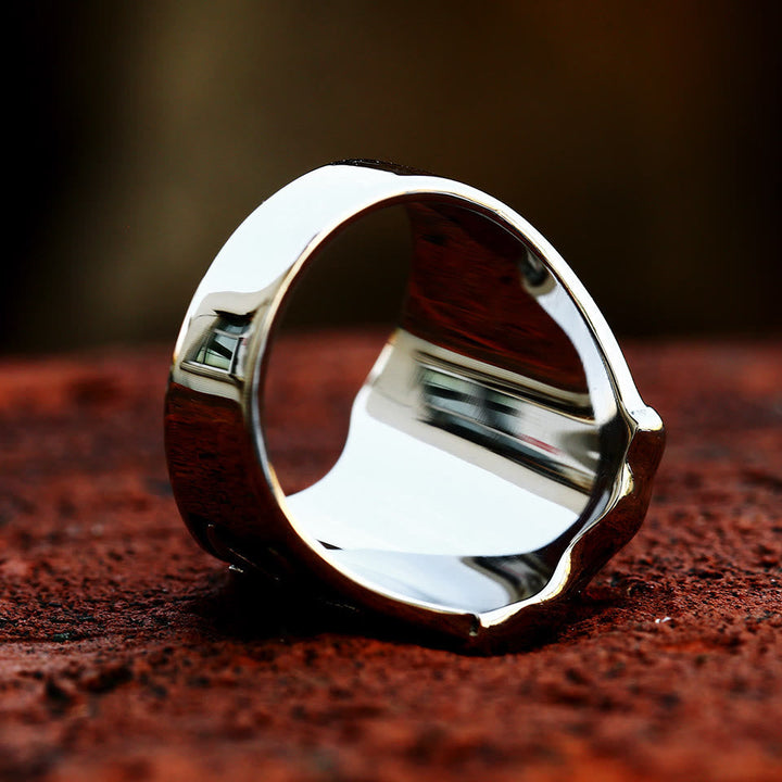 Medieval Style Red Cross Shield Ring with Knightly Design and Engraved Details