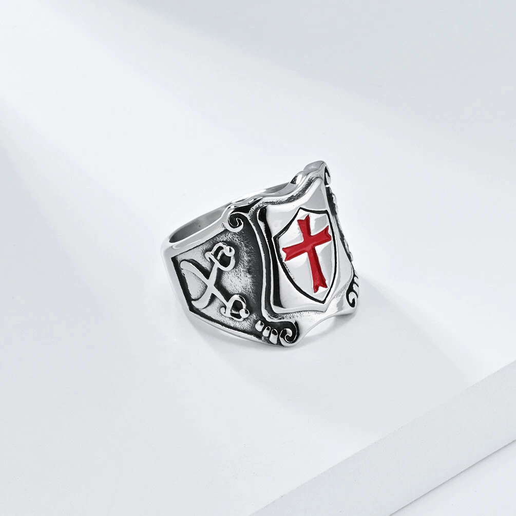 Medieval Style Red Cross Shield Ring with Knightly Design and Engraved Details