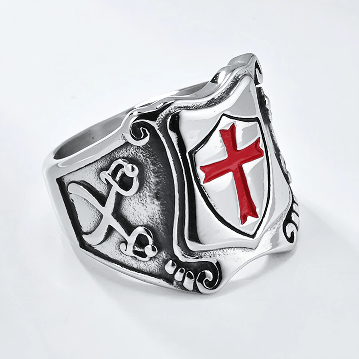 Medieval Style Red Cross Shield Ring with Knightly Design and Engraved Details