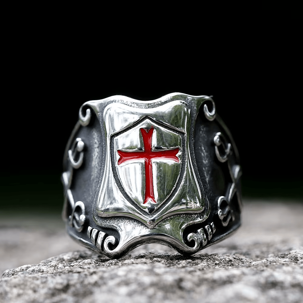 Medieval Style Red Cross Shield Ring with Knightly Design and Engraved Details