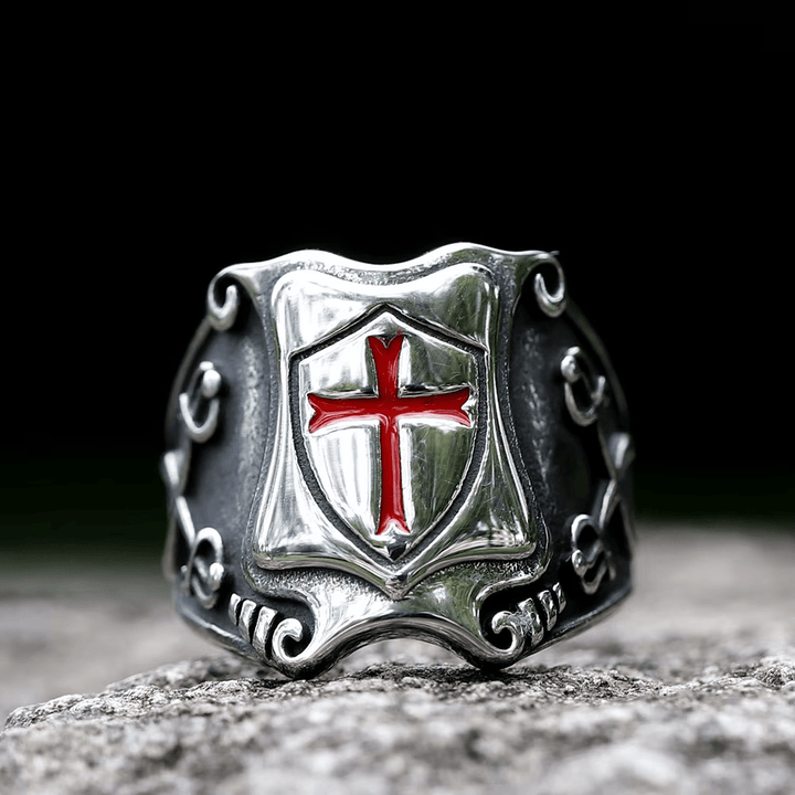 Medieval Style Red Cross Shield Ring with Knightly Design and Engraved Details