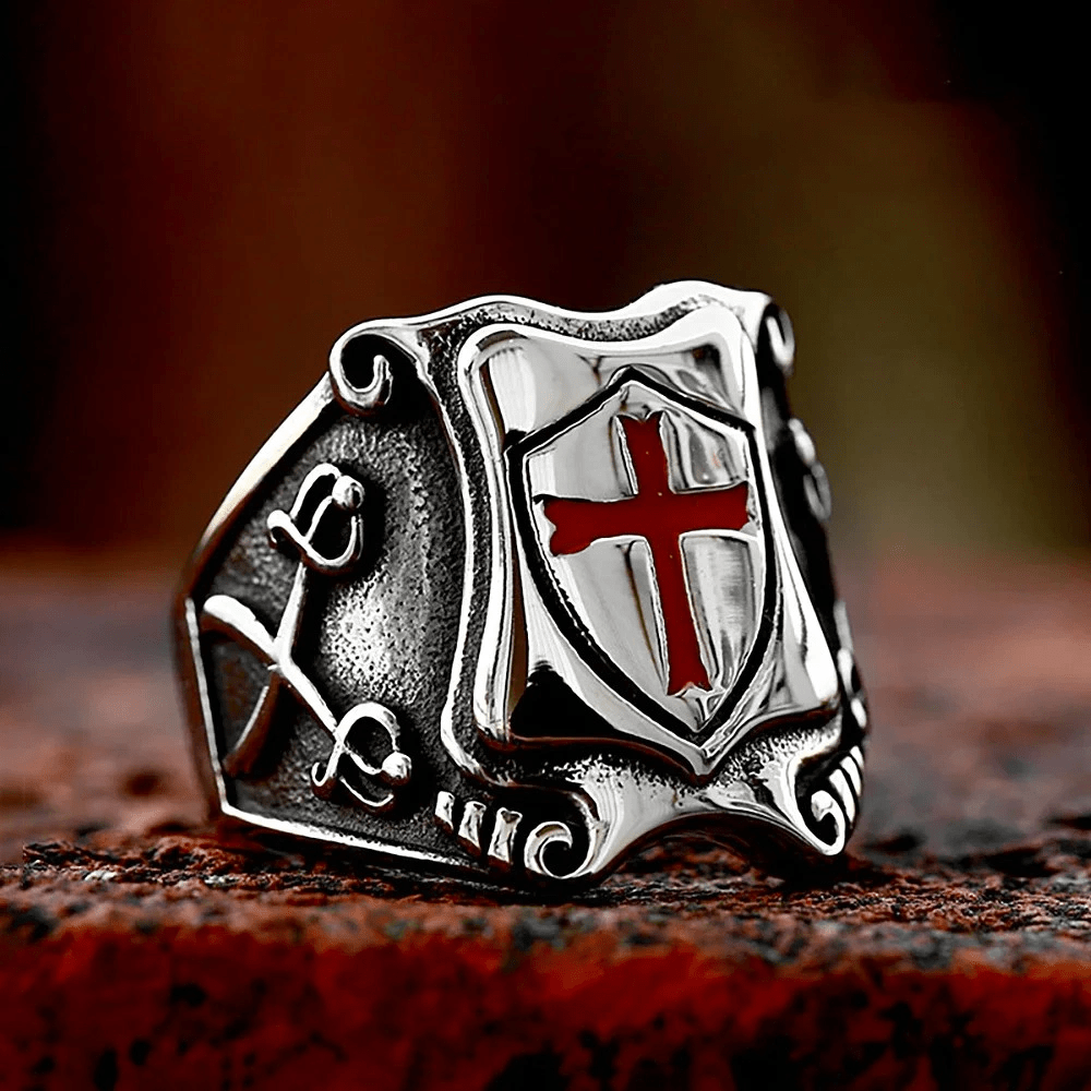 Medieval Style Red Cross Shield Ring with Knightly Design and Engraved Details