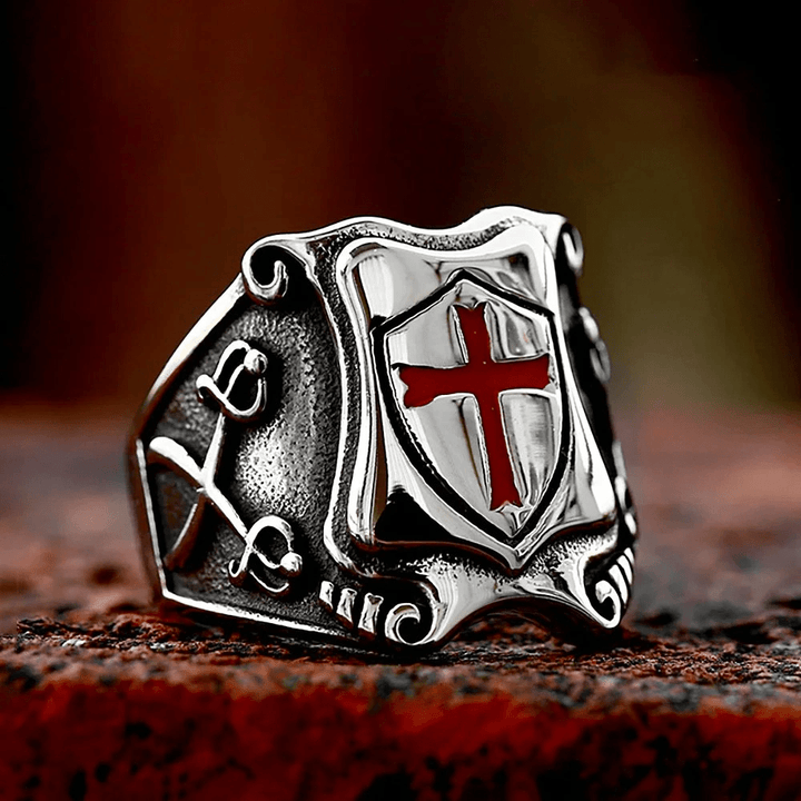 Medieval Style Red Cross Shield Ring with Knightly Design and Engraved Details