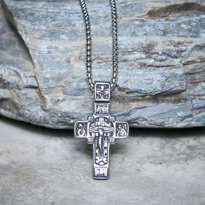 Vintage Titanium Steel Sacred Orthodox Cross Necklace with Religious Script